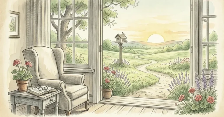 A cozy pencil sketch with watercolor accents showing a traditional high-back armchair in a quiet nook next to a sunny window. A side table holds an open Bible and reading glasses, looking out onto a peaceful garden path at sunrise.