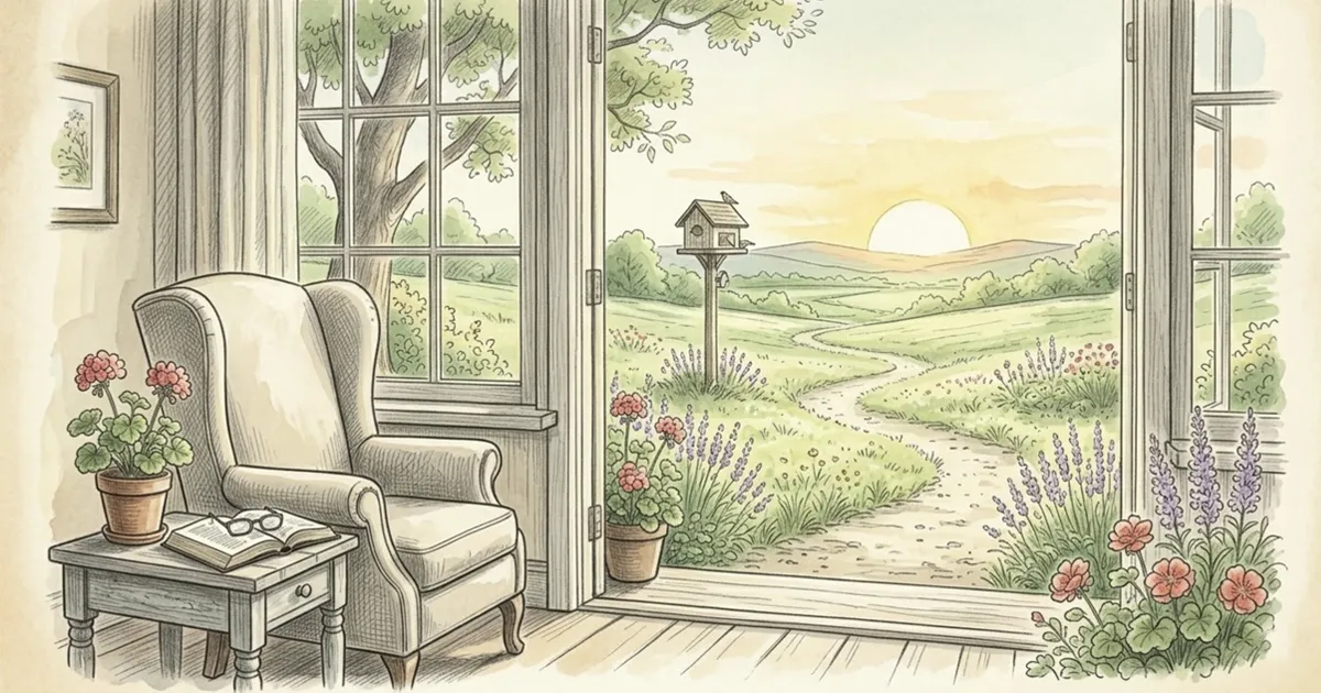 A cozy pencil sketch with watercolor accents showing a traditional high-back armchair in a quiet nook next to a sunny window. A side table holds an open Bible and reading glasses, looking out onto a peaceful garden path at sunrise.