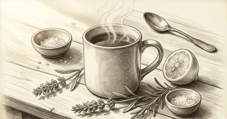 A serene pencil sketch of a steaming morning mug on a rustic wooden table, surrounded by fresh lavender, rosemary, and a halved lemon. Hand-drawn, nostalgic art style for a peaceful morning ritual.