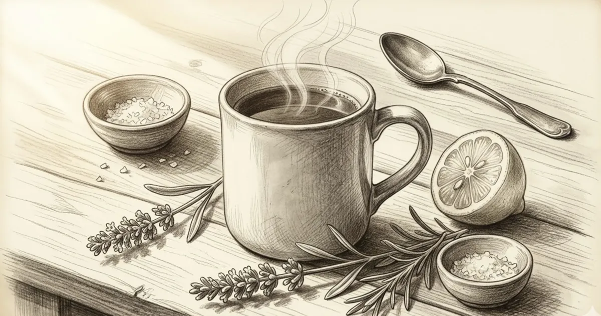 A serene pencil sketch of a steaming morning mug on a rustic wooden table, surrounded by fresh lavender, rosemary, and a halved lemon. Hand-drawn, nostalgic art style for a peaceful morning ritual.